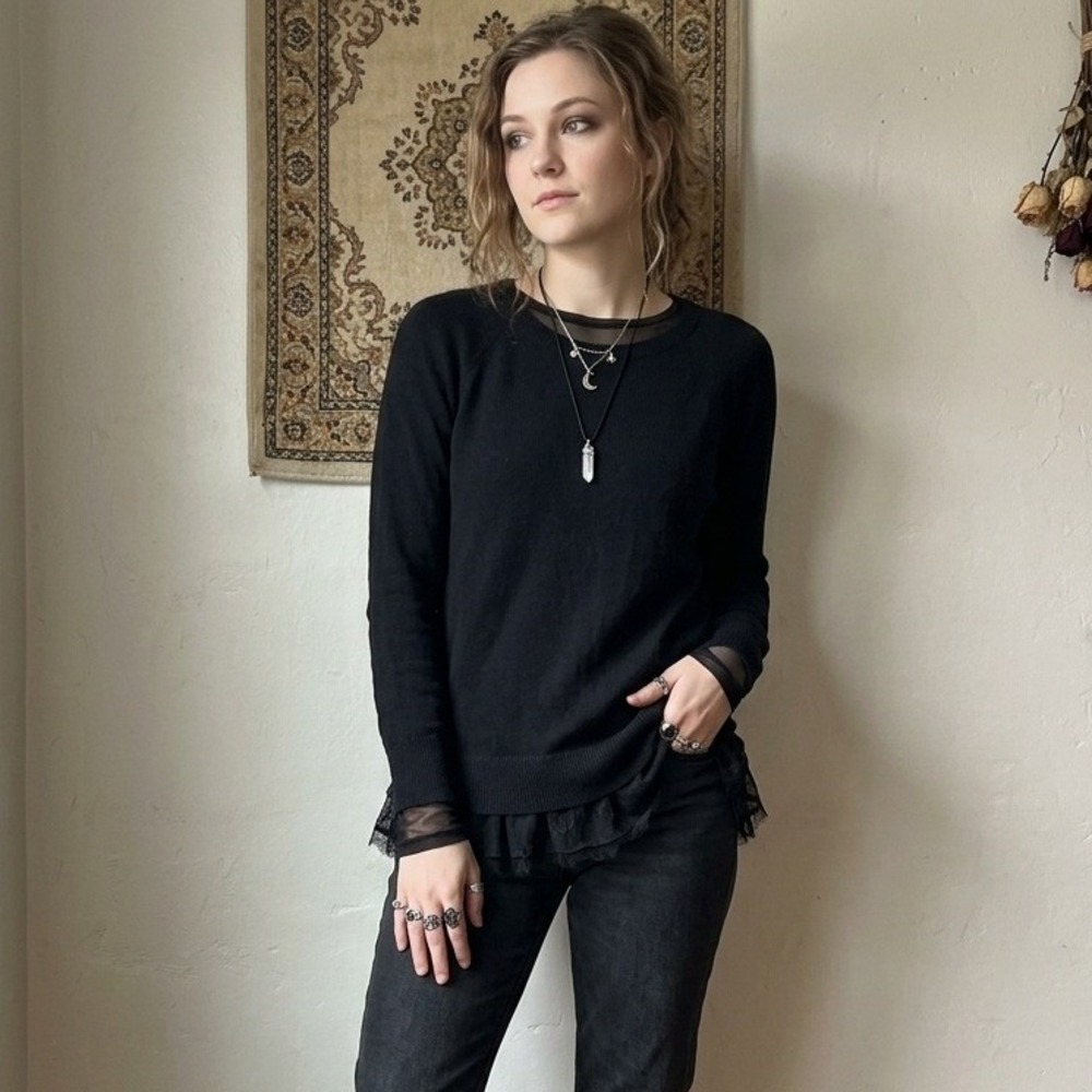 Garnet Hill‎ Sweater Womens Medium Black Cashmere Chiffon Trim Quiet Luxury
